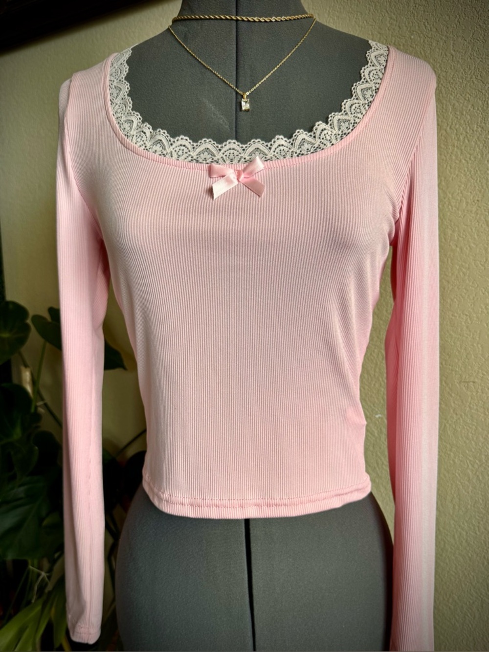 Light Pink Ribbed Lace Trim Bow Long Sleeve Scoop Neck Shirt Top S